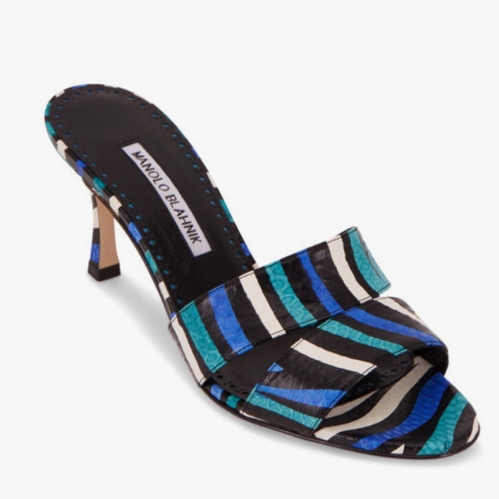 New$875 Manolo Blahnik Iacopo Snakeskin Cut-Out Slide Mule Sandals 37.5, 7